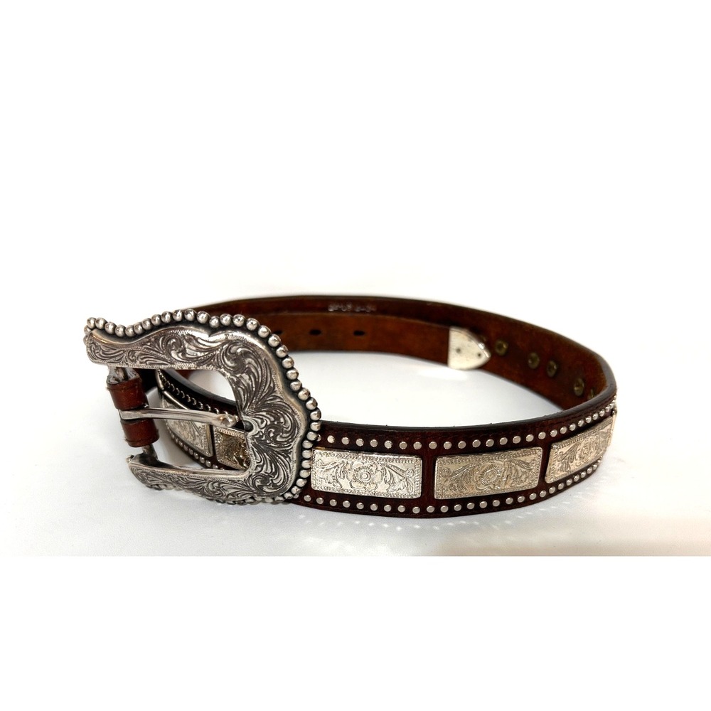Nocona Concho Studded Floral Silver Tone Leather Belt Size 34
